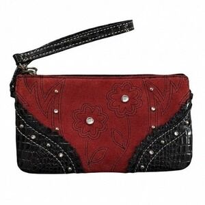 Ariat Red Suede Black Croc Trim Flower Rhinestone Wristlet Clutch Purse Western